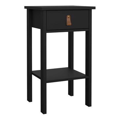 Wildberry Matt Black Wooden Bedside Table with 1 Drawer Bottom Shelf Leather Handles