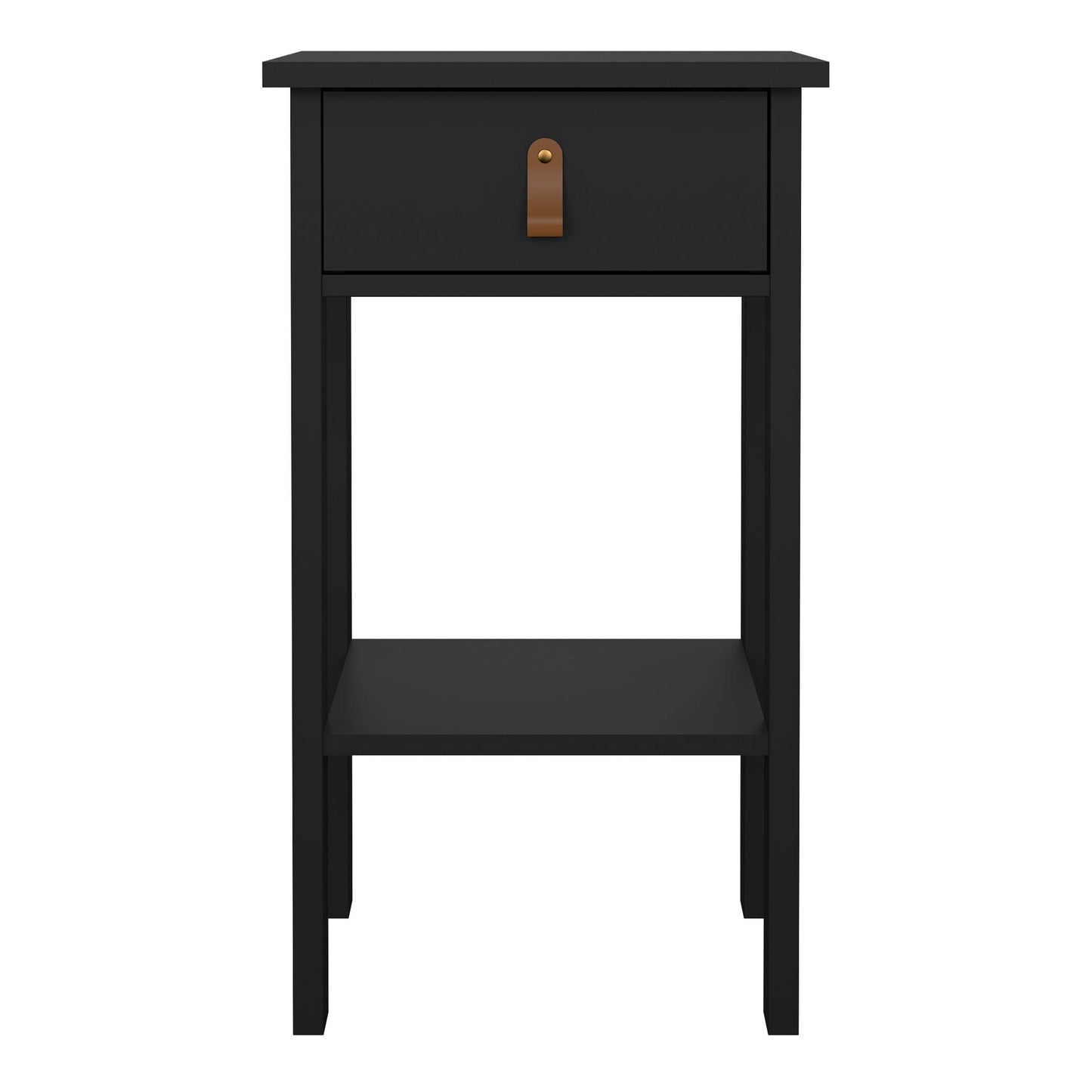Wildberry Matt Black Wooden Bedside Table with 1 Drawer Bottom Shelf Leather Handles
