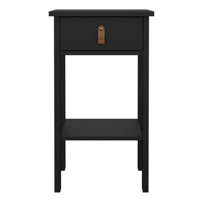 Wildberry Matt Black Wooden Bedside Table with 1 Drawer Bottom Shelf Leather Handles