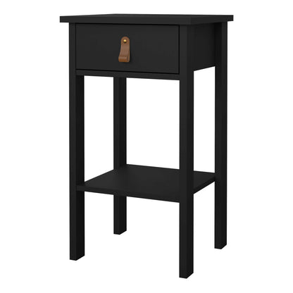 Wildberry Matt Black Wooden Bedside Table with 1 Drawer Bottom Shelf Leather Handles
