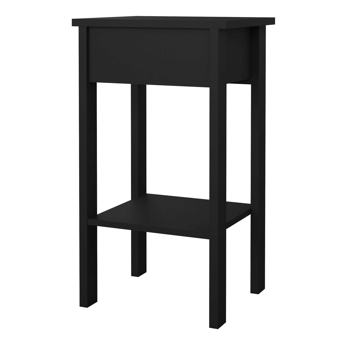 Wildberry Matt Black Wooden Bedside Table with 1 Drawer Bottom Shelf Leather Handles
