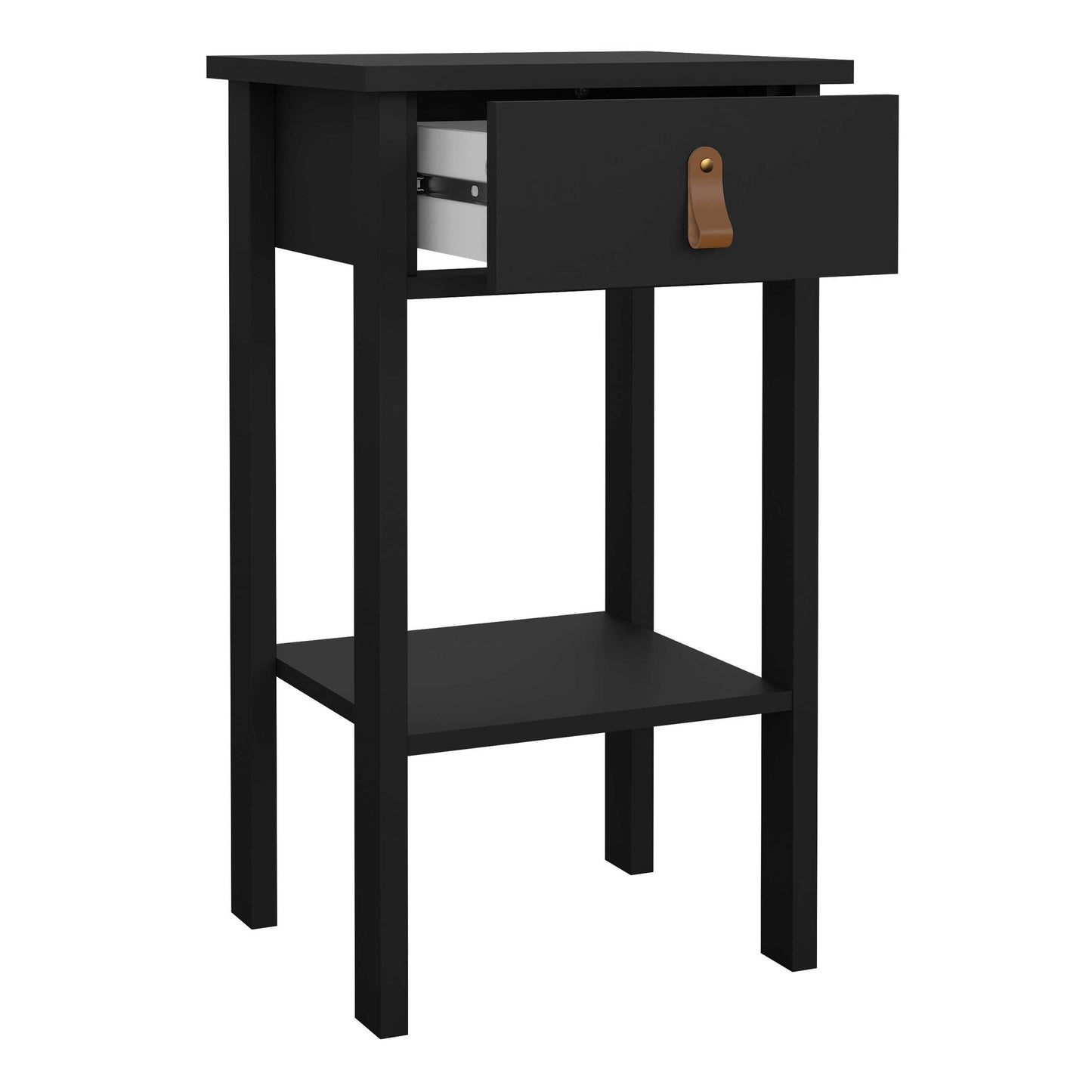 Wildberry Matt Black Wooden Bedside Table with 1 Drawer Bottom Shelf Leather Handles