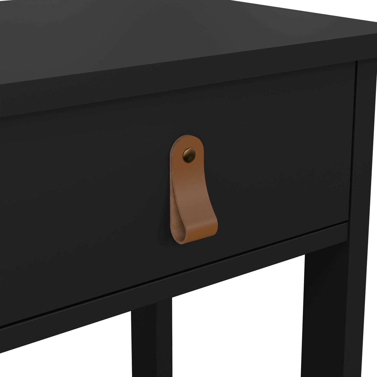 Wildberry Matt Black Wooden Bedside Table with 1 Drawer Bottom Shelf Leather Handles
