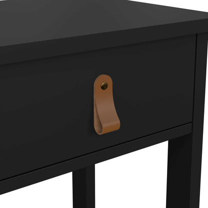 Wildberry Matt Black Wooden Bedside Table with 1 Drawer Bottom Shelf Leather Handles