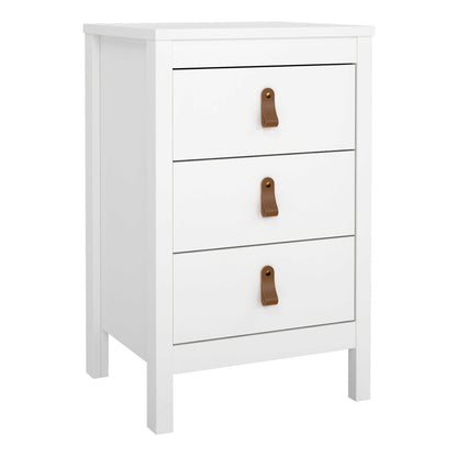 Wildberry Matt White Bedside Table 3 Drawers Leather Handles