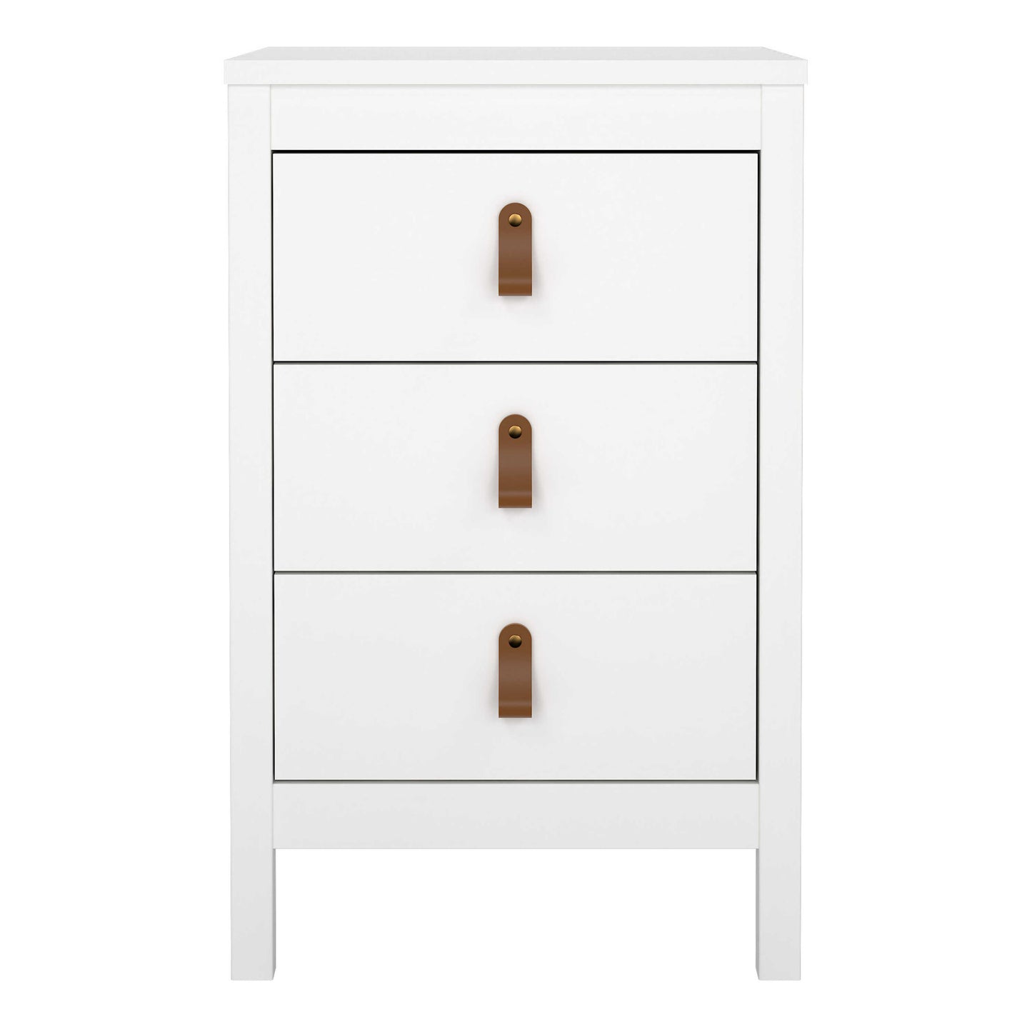 Wildberry Matt White Bedside Table 3 Drawers Leather Handles