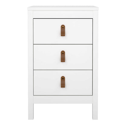Wildberry Matt White Bedside Table 3 Drawers Leather Handles