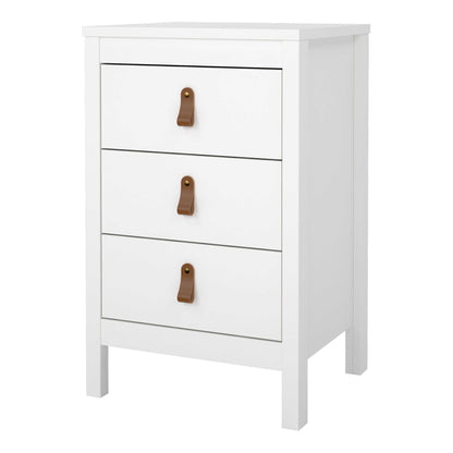 Wildberry Matt White Bedside Table 3 Drawers Leather Handles