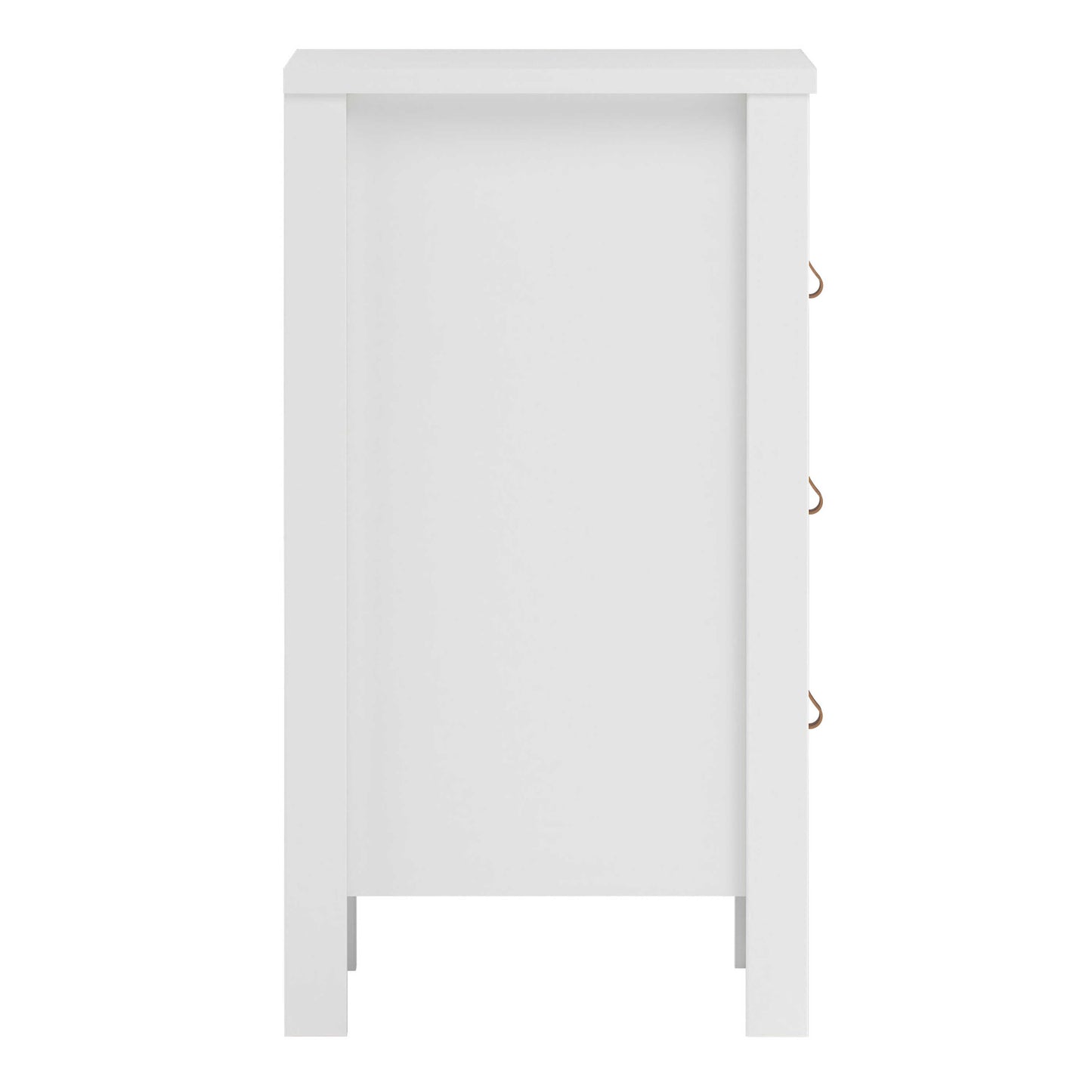 Wildberry Matt White Bedside Table 3 Drawers Leather Handles