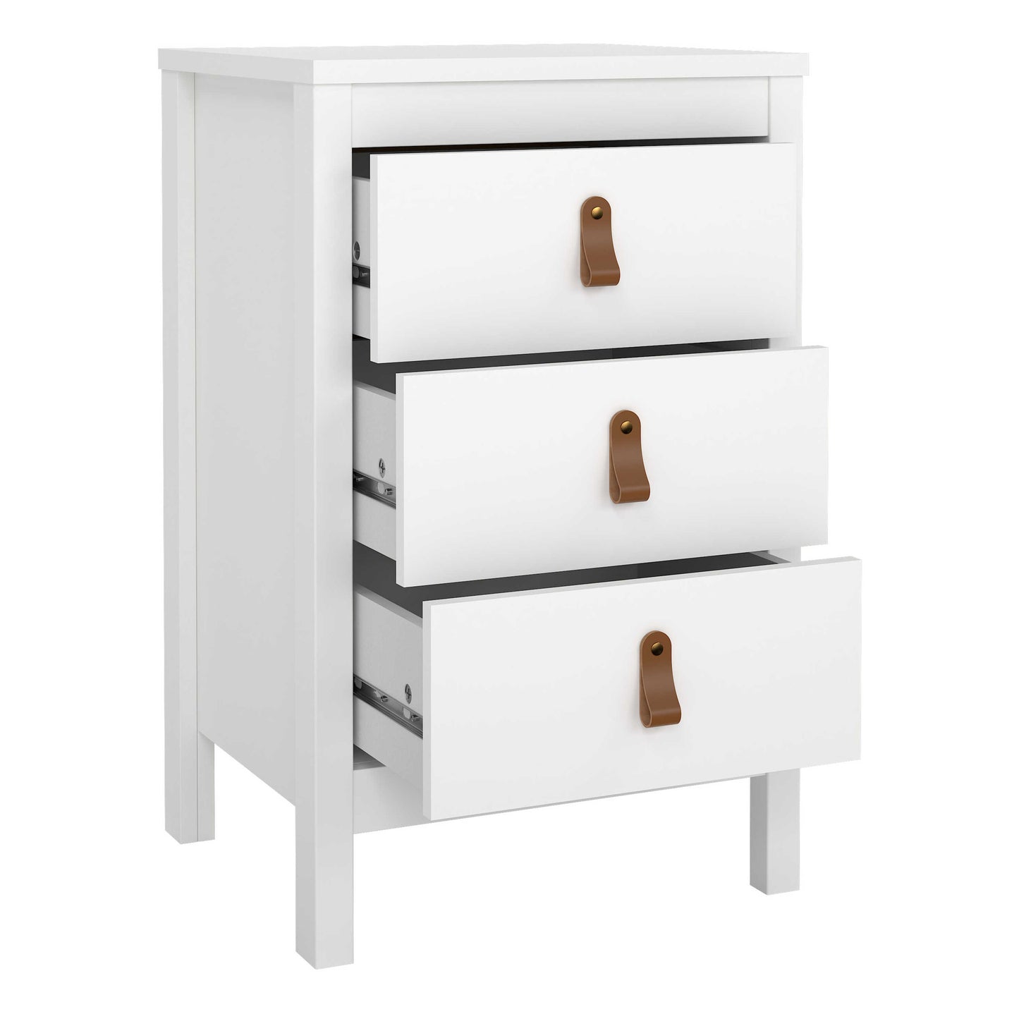 Wildberry Matt White Bedside Table 3 Drawers Leather Handles