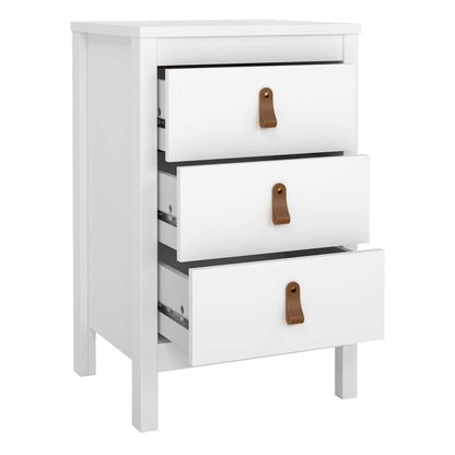 Wildberry Matt White Bedside Table 3 Drawers Leather Handles
