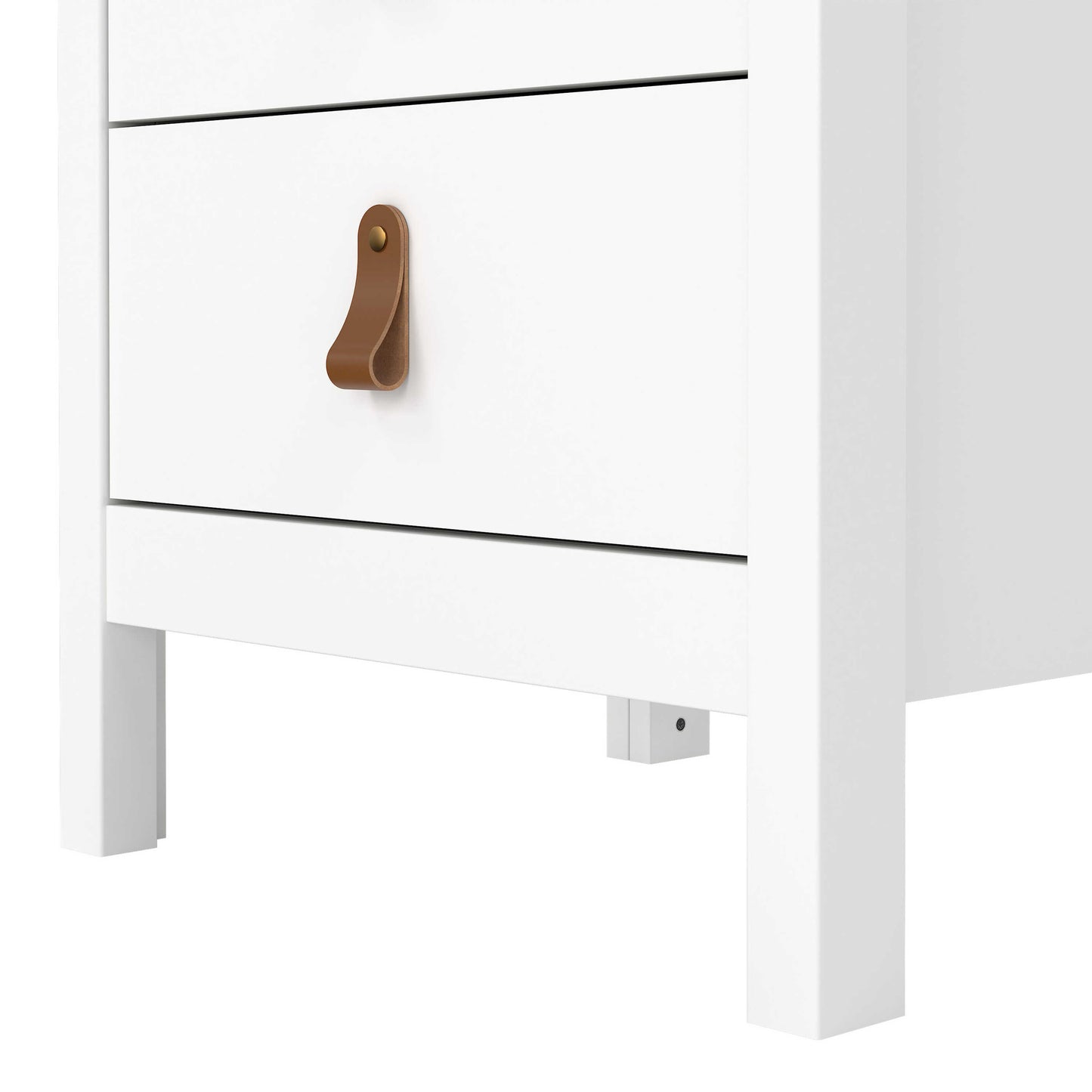Wildberry Matt White Bedside Table 3 Drawers Leather Handles