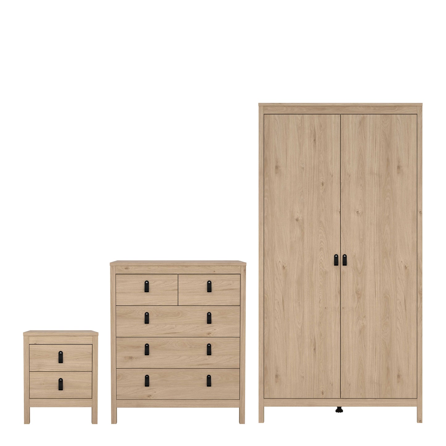 Wildberry Bedroom Furniture Set - Bedside Table 2 Drawers + Chest 5 Drawers + 2 Door Wardrobe in Jackson Hickory Oak