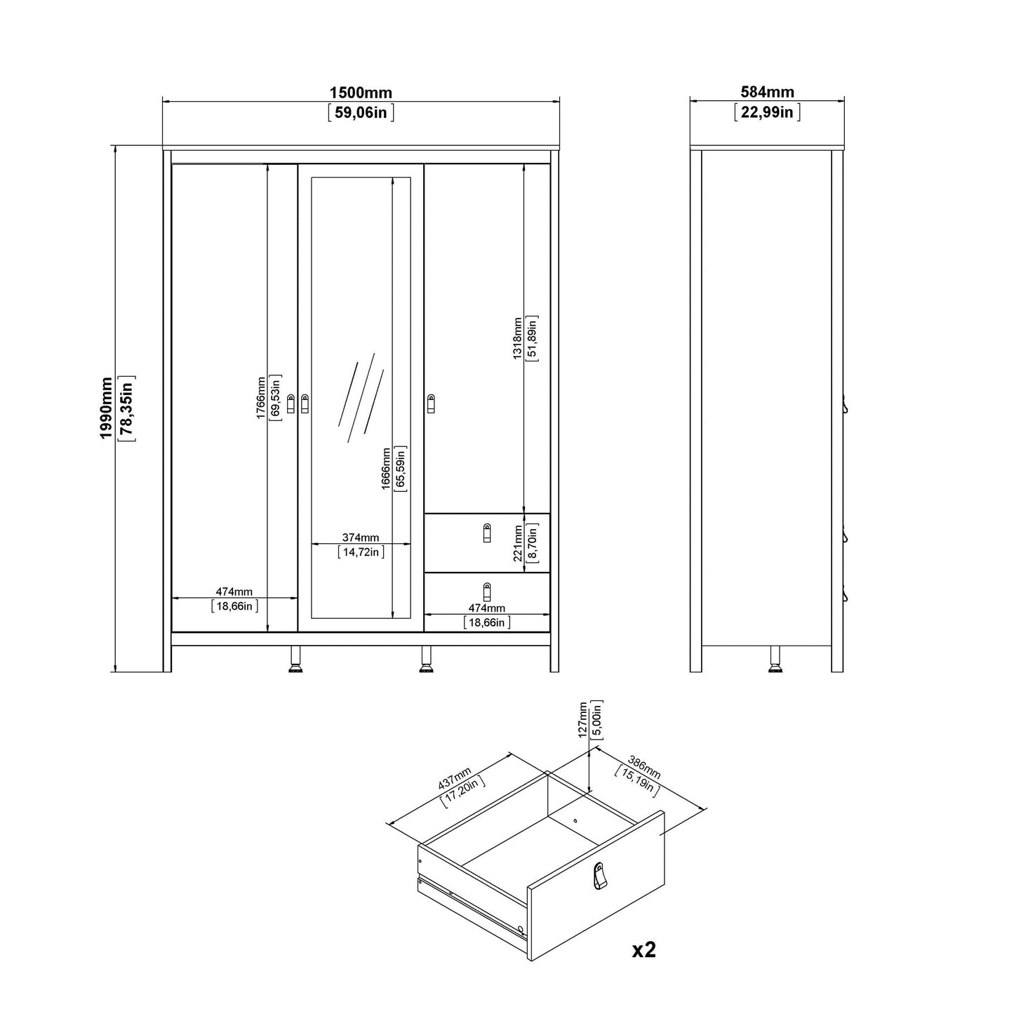 Gossmere Natural Cashmere Wardrobe 3 Doors 2 Drawers