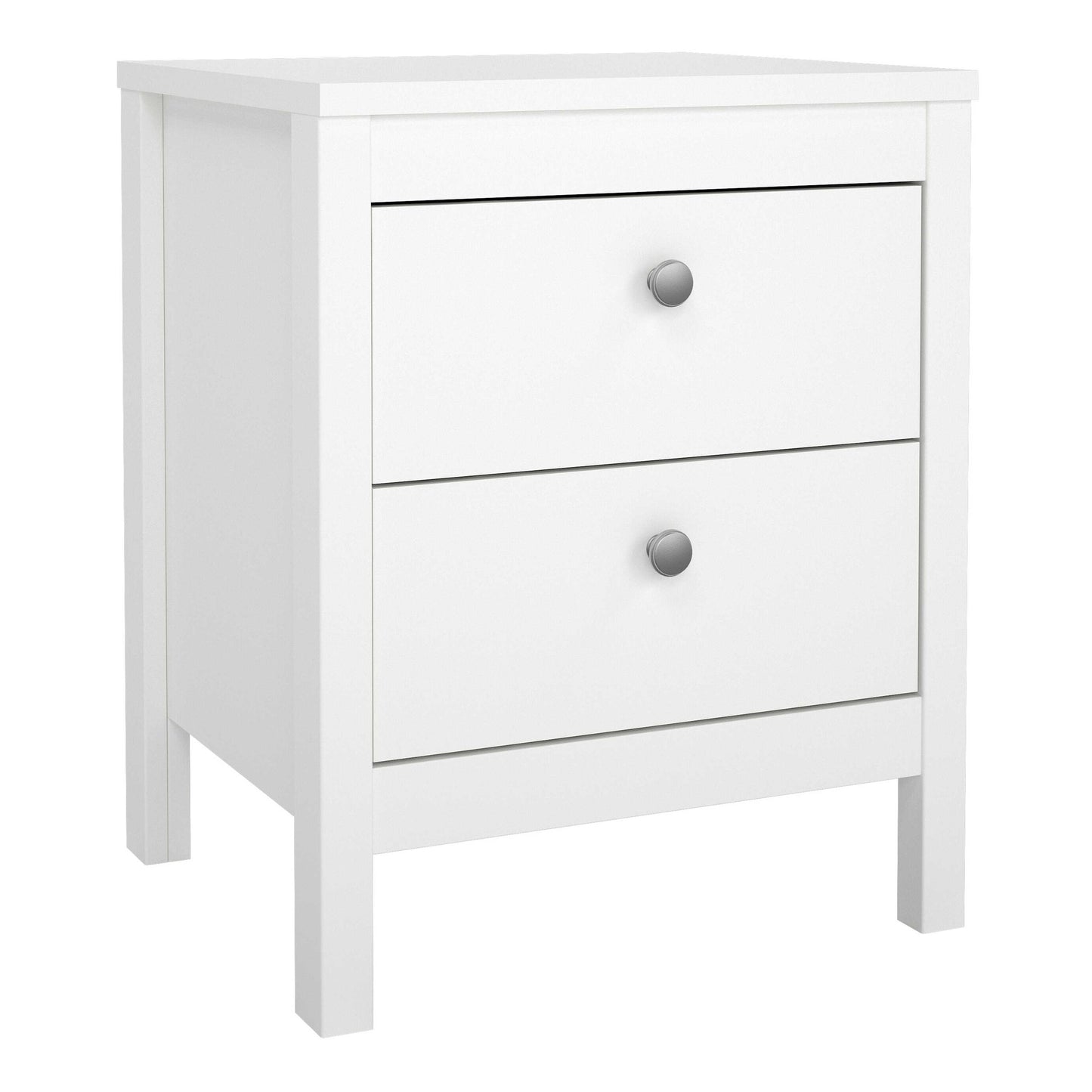 Gossmere White Wooden Bedside Table 2 Drawers Silver Handles