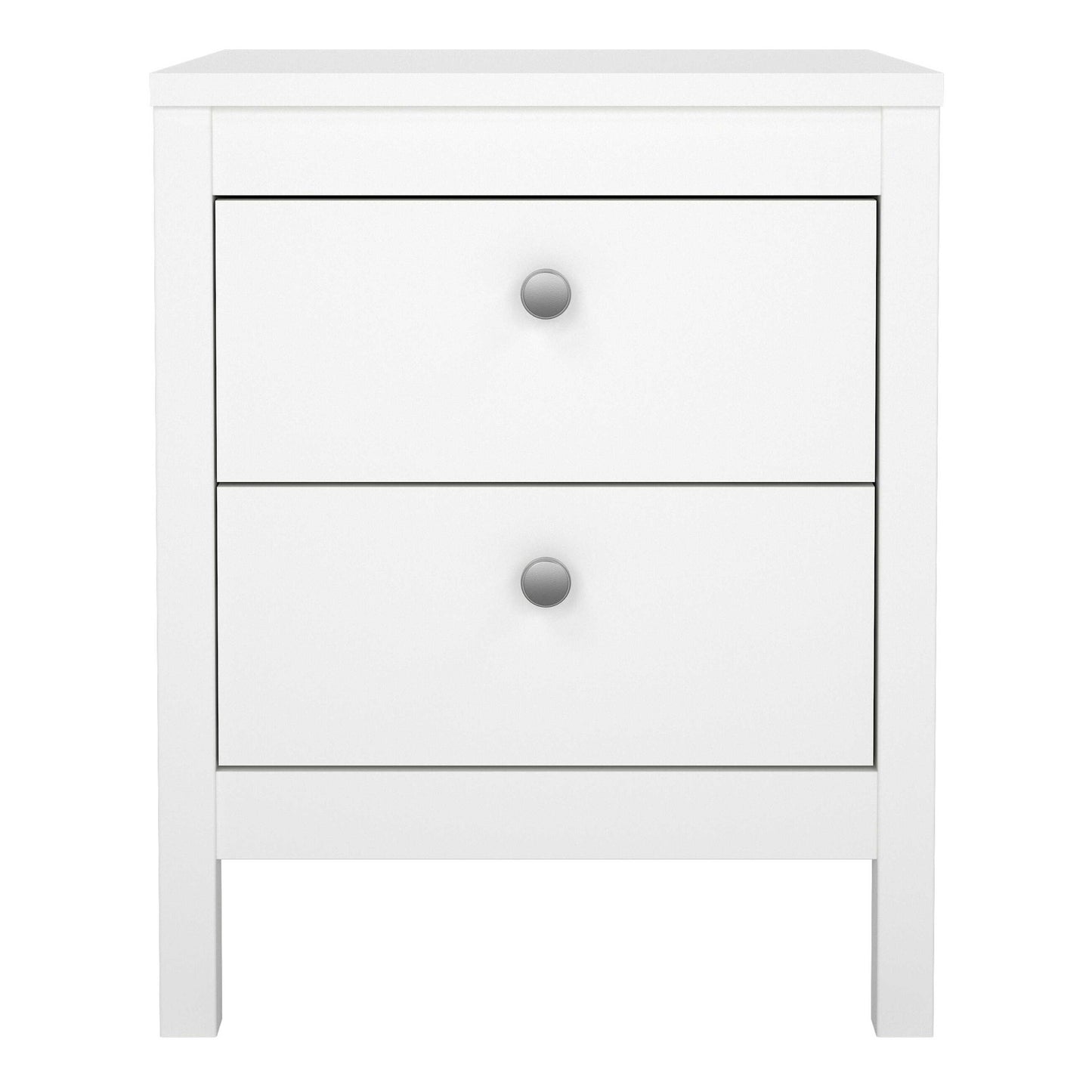Gossmere White Wooden Bedside Table 2 Drawers Silver Handles