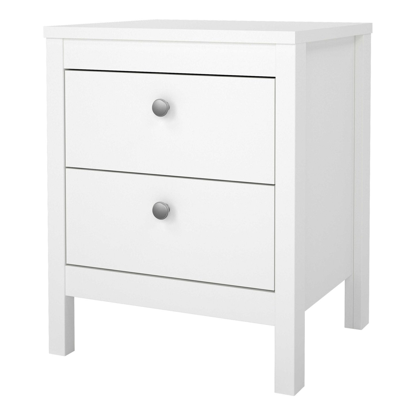 Gossmere White Wooden Bedside Table 2 Drawers Silver Handles