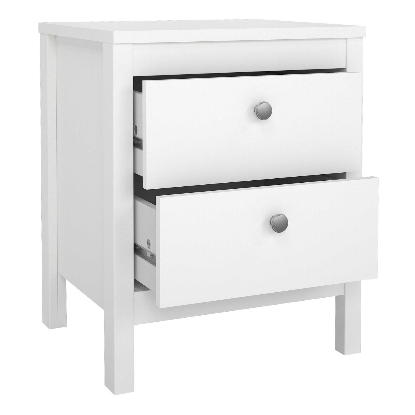 Gossmere White Wooden Bedside Table 2 Drawers Silver Handles