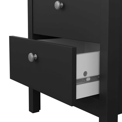 Gossmere Black Wooden Bedside Table 2 Drawers Silver Handles