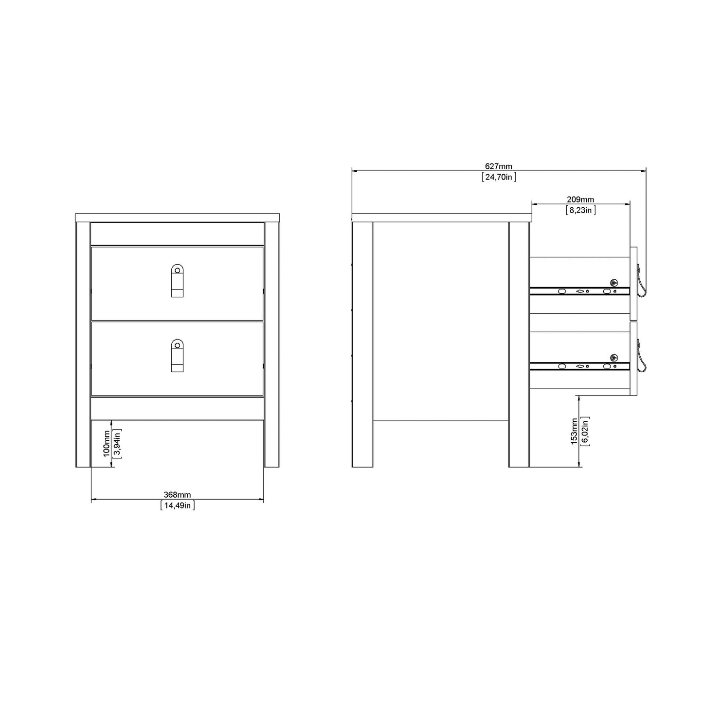 Gossmere Black Wooden Bedside Table 2 Drawers Silver Handles