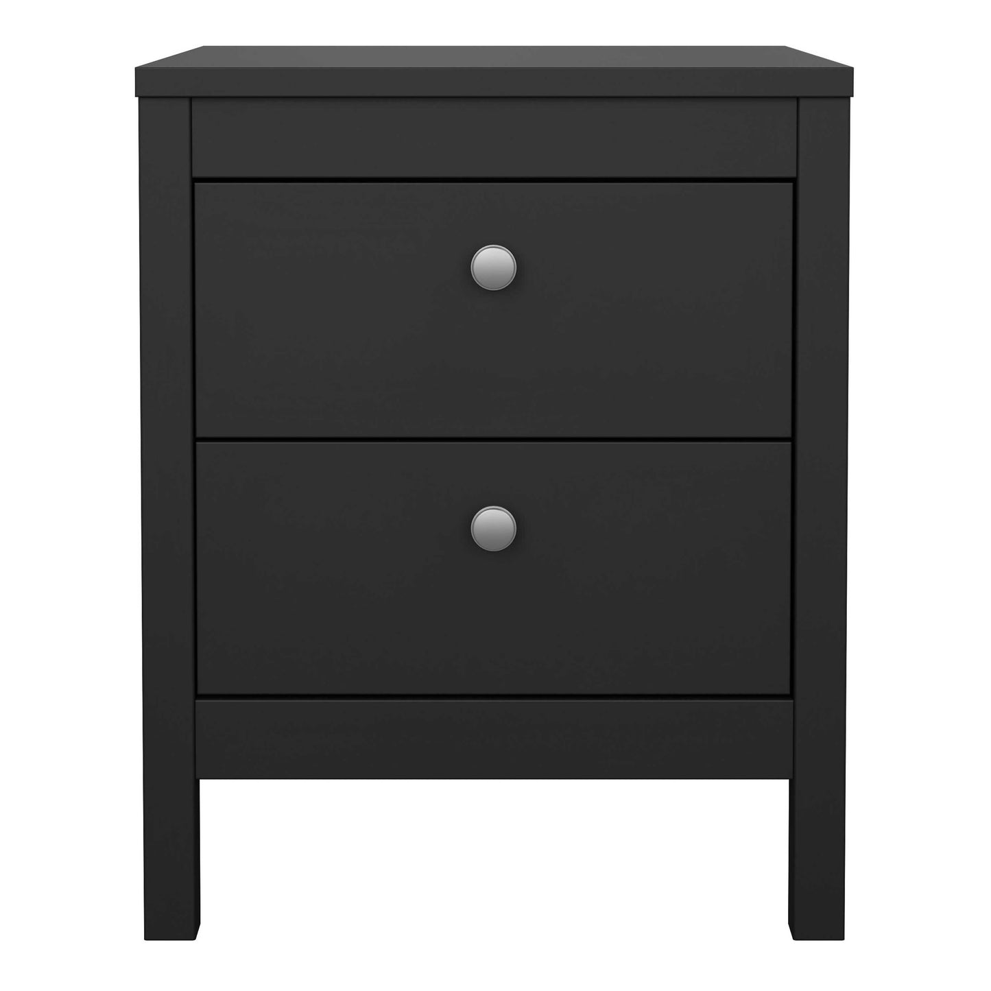 Gossmere Black Wooden Bedside Table 2 Drawers Silver Handles