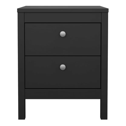 Gossmere Black Wooden Bedside Table 2 Drawers Silver Handles