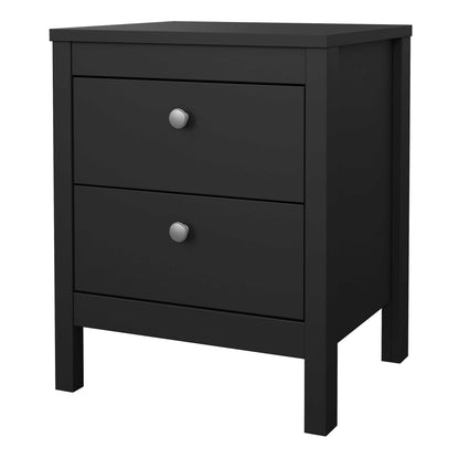 Gossmere Black Wooden Bedside Table 2 Drawers Silver Handles