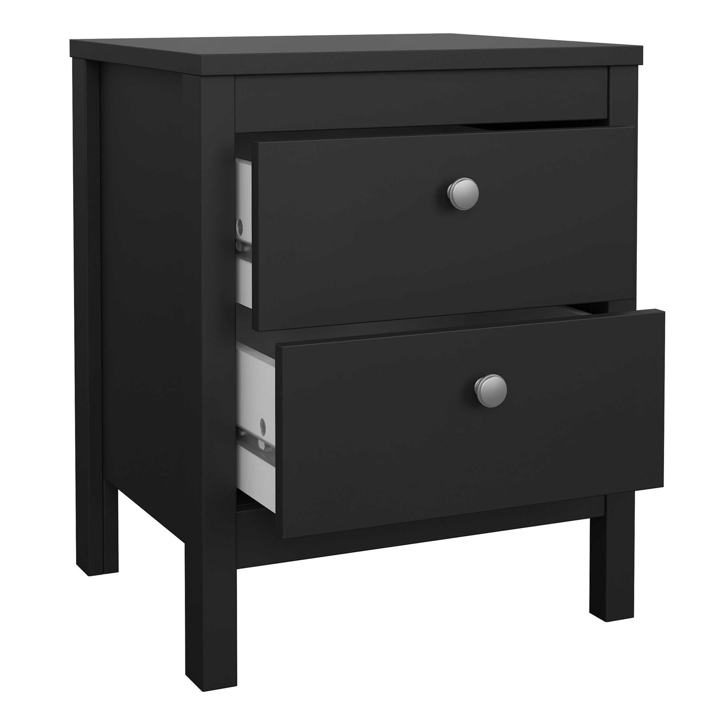 Gossmere Black Wooden Bedside Table 2 Drawers Silver Handles