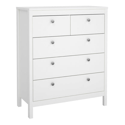 Gossmere White Wooden Storage Chest 5 Drawers in White Silver Handles