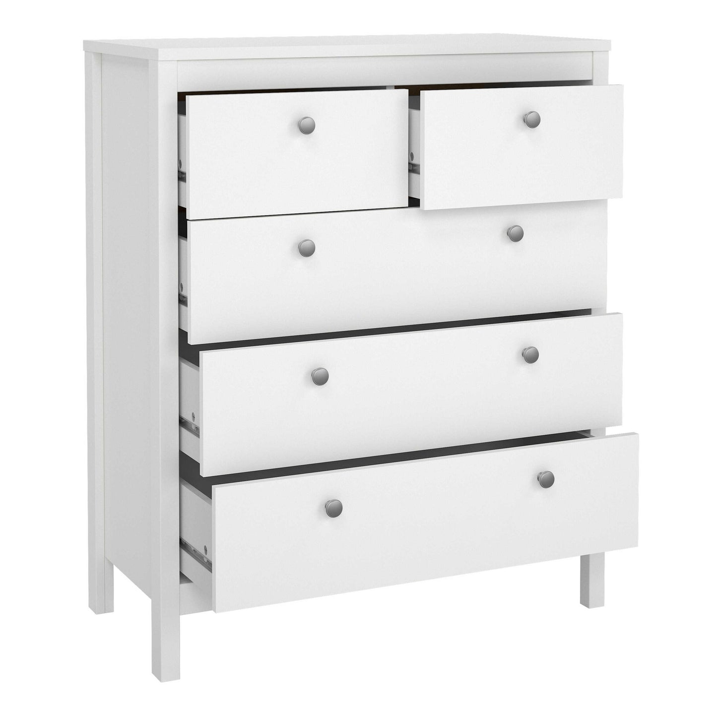 Gossmere White Wooden Storage Chest 5 Drawers in White Silver Handles