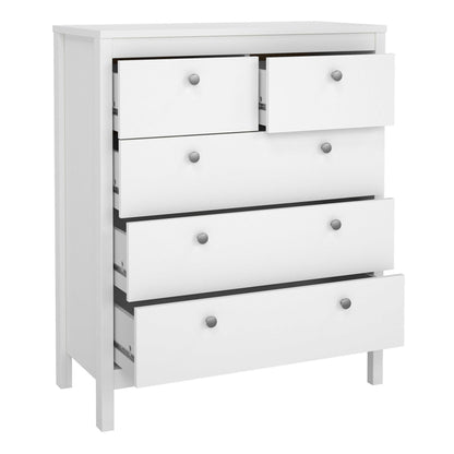 Gossmere White Wooden Storage Chest 5 Drawers in White Silver Handles