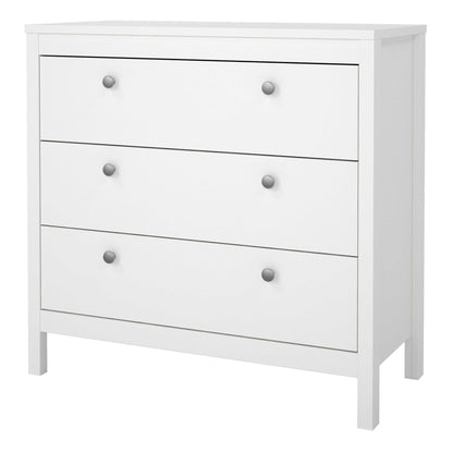 Gossmere White Wooden Storage Chest 3 Drawers Silver Handles