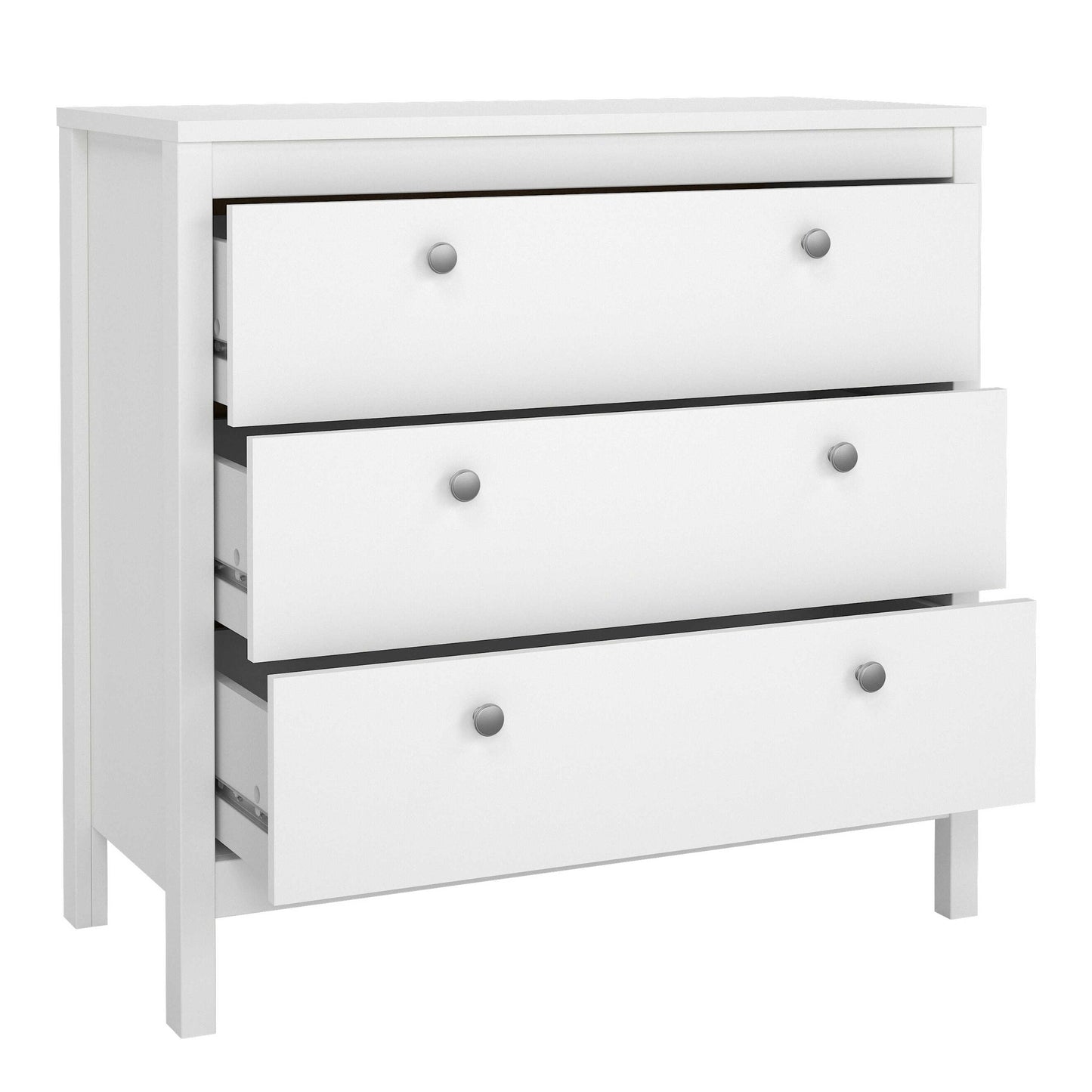 Gossmere White Wooden Storage Chest 3 Drawers Silver Handles