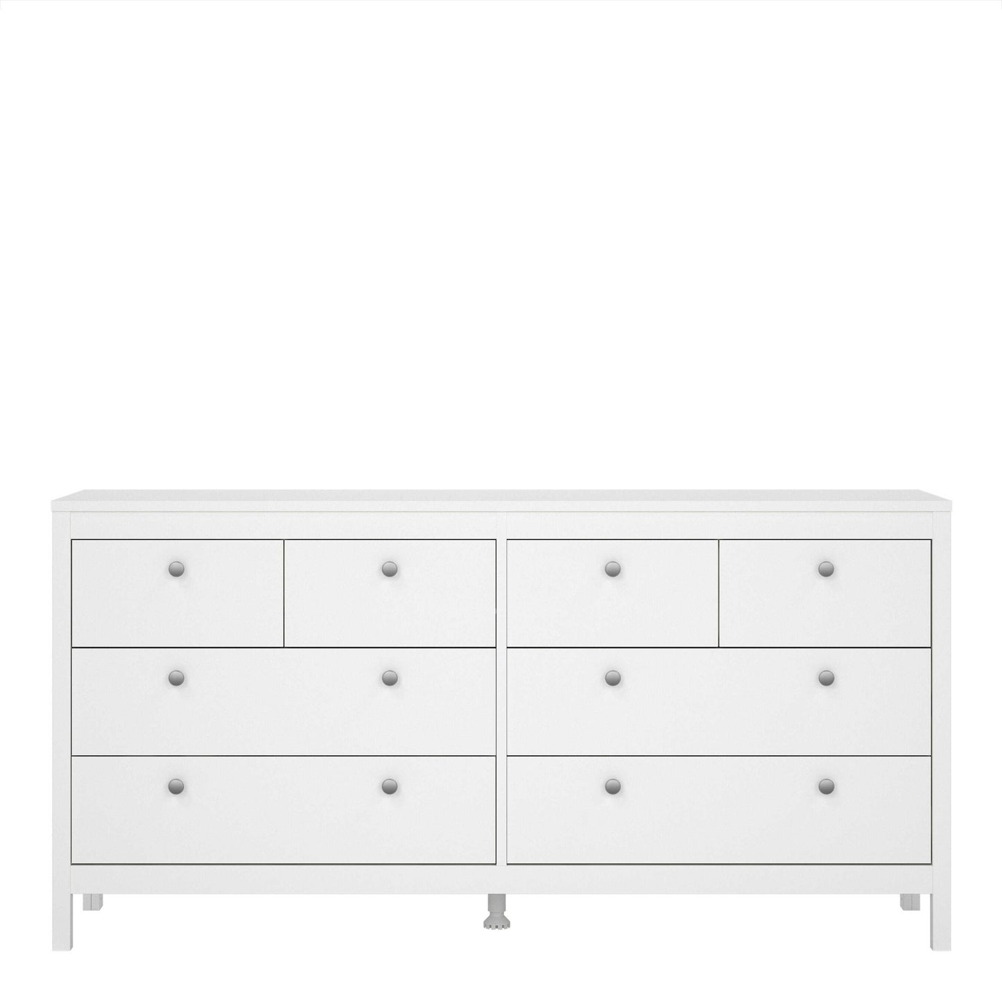Gossmere White Wooden Large Double Dresser 8 Drawers Silver Handles