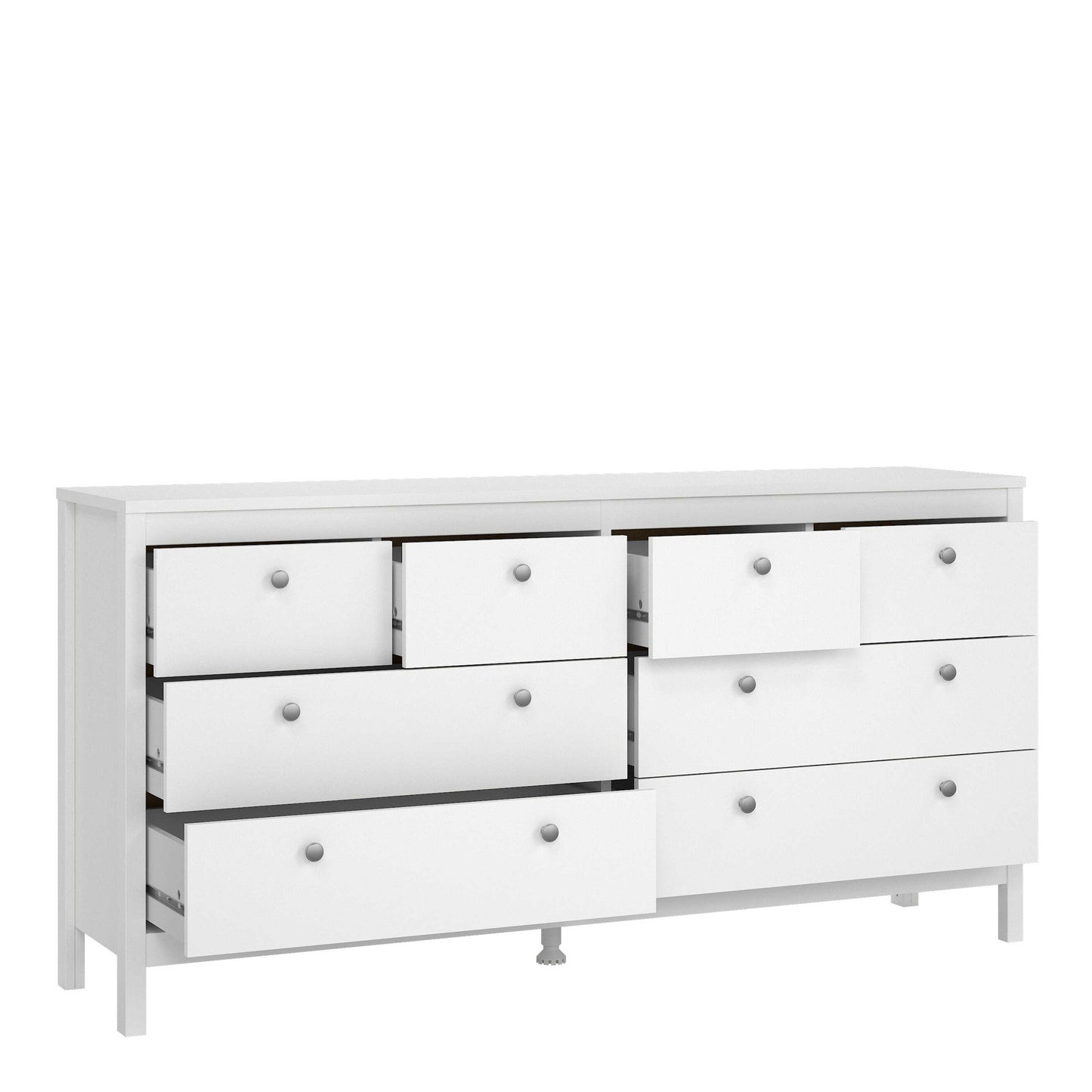 Gossmere White Wooden Large Double Dresser 8 Drawers Silver Handles