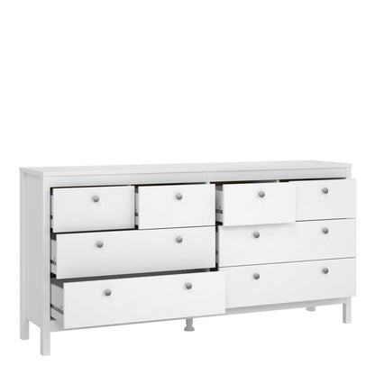 Gossmere White Wooden Large Double Dresser 8 Drawers Silver Handles