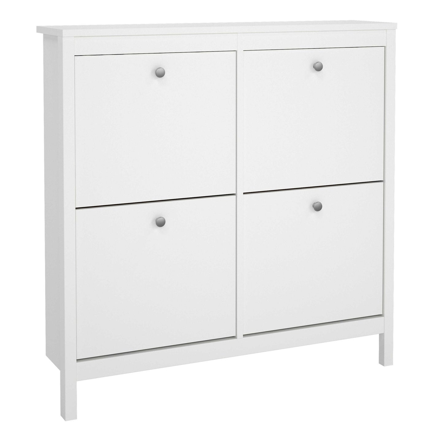 Gossmere White Wooden Square Shoe Cabinet 4 Flip Down Doors Silver Handles