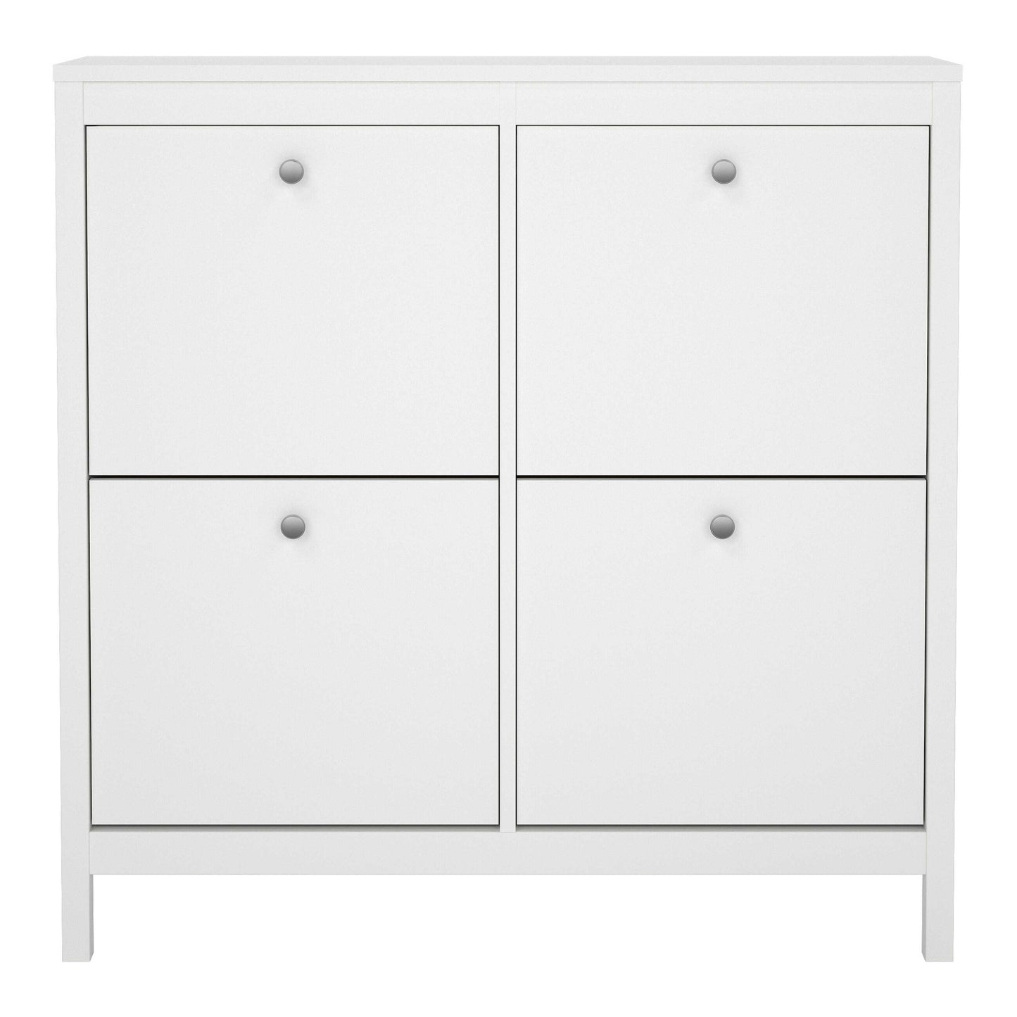 Gossmere White Wooden Square Shoe Cabinet 4 Flip Down Doors Silver Handles