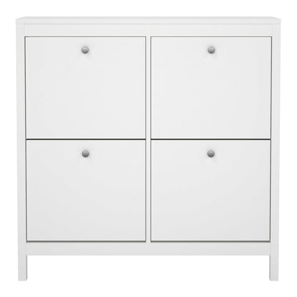 Gossmere White Wooden Square Shoe Cabinet 4 Flip Down Doors Silver Handles