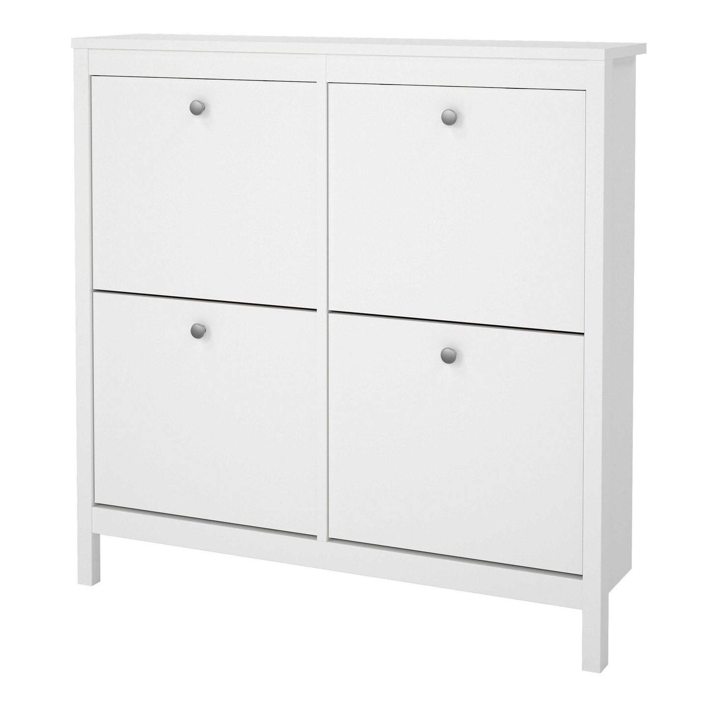 Gossmere White Wooden Square Shoe Cabinet 4 Flip Down Doors Silver Handles