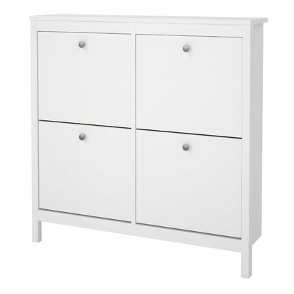 Gossmere White Wooden Square Shoe Cabinet 4 Flip Down Doors Silver Handles
