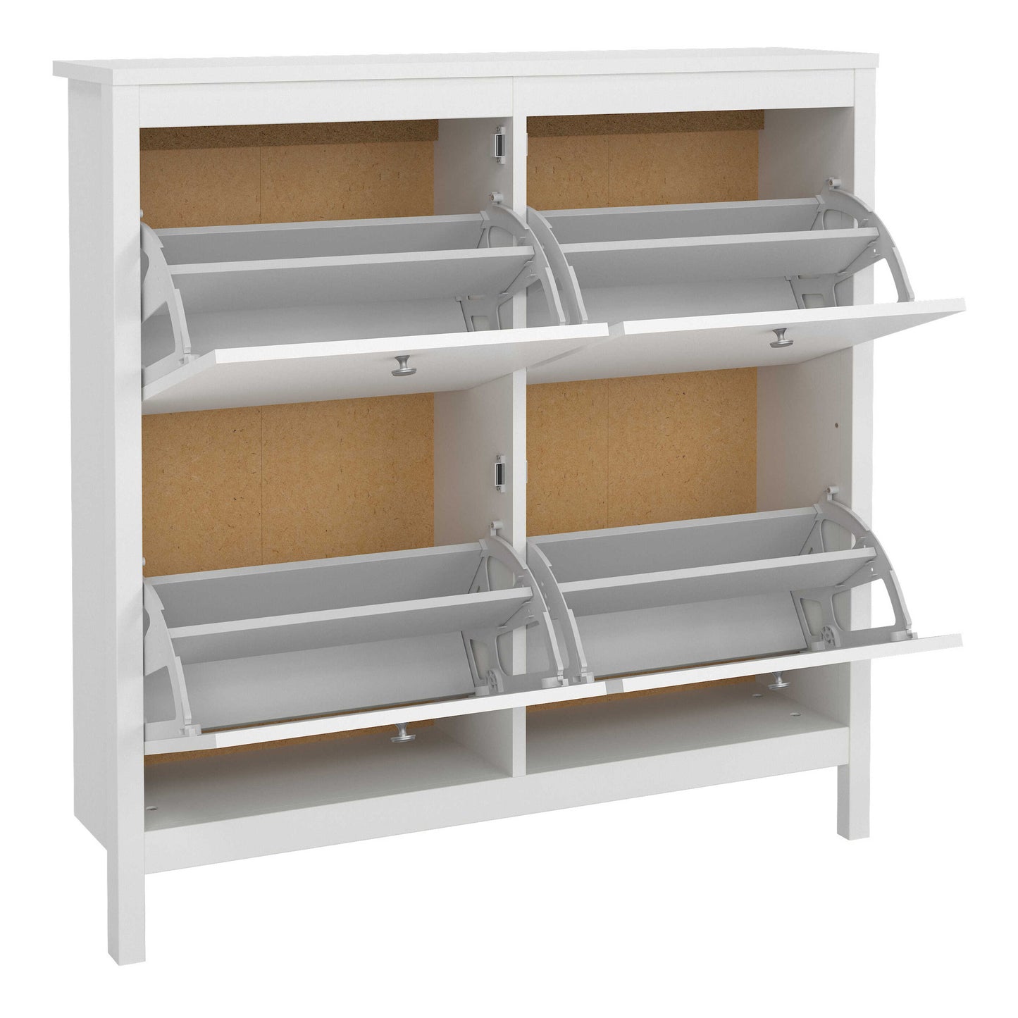 Gossmere White Wooden Square Shoe Cabinet 4 Flip Down Doors Silver Handles