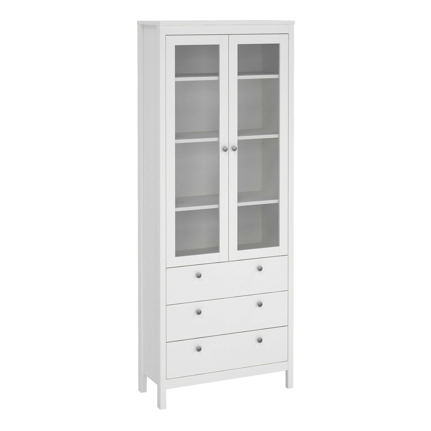 Gossmere White Wooden China Cabinet 2 Glass Doors 3 Drawers Silver Handles