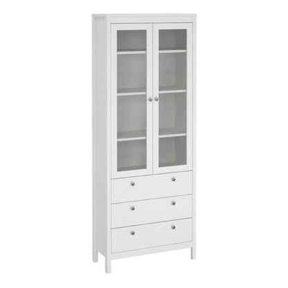 Gossmere White Wooden China Cabinet 2 Glass Doors 3 Drawers Silver Handles