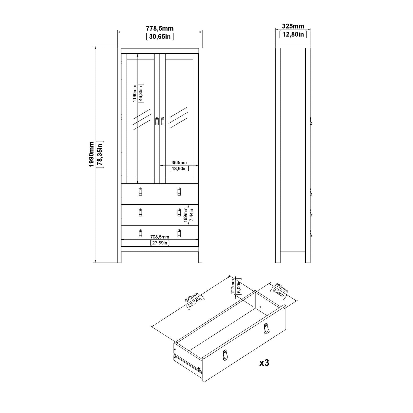 Gossmere White Wooden China Cabinet 2 Glass Doors 3 Drawers Silver Handles