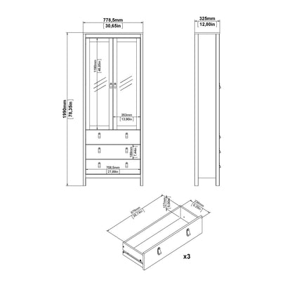 Gossmere White Wooden China Cabinet 2 Glass Doors 3 Drawers Silver Handles