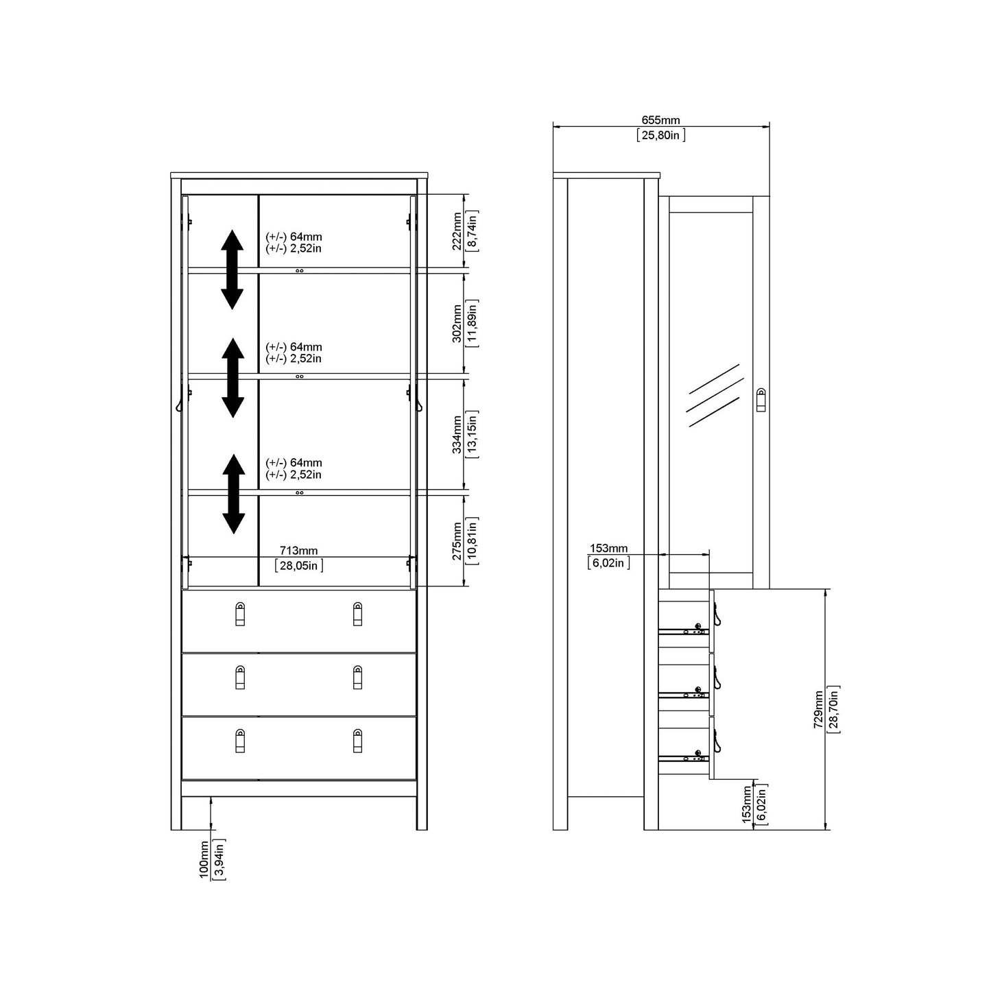 Gossmere White Wooden China Cabinet 2 Glass Doors 3 Drawers Silver Handles