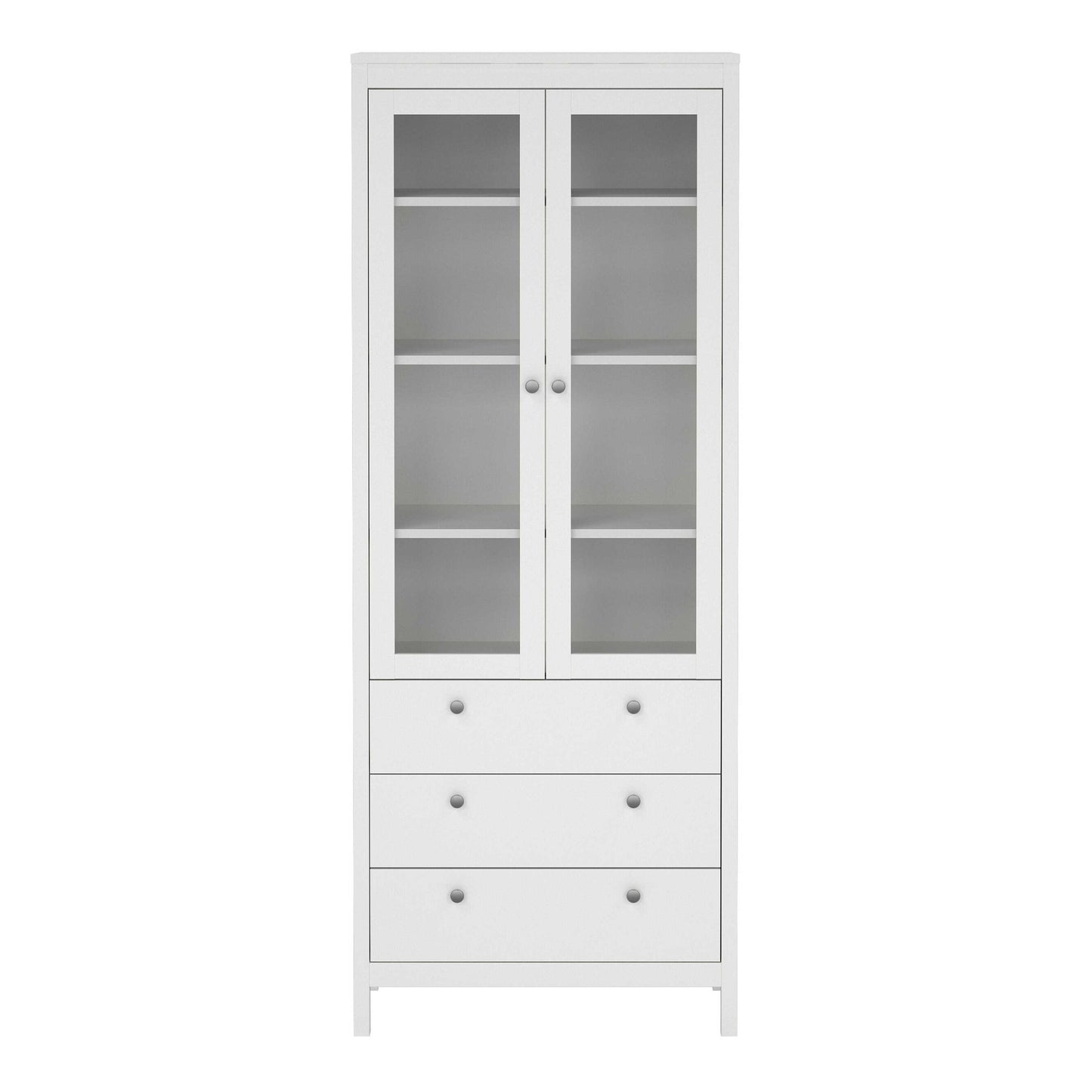 Gossmere White Wooden China Cabinet 2 Glass Doors 3 Drawers Silver Handles