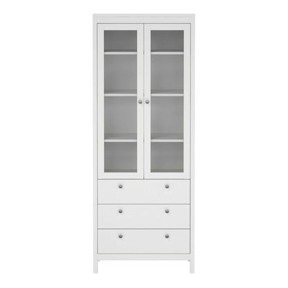 Gossmere White Wooden China Cabinet 2 Glass Doors 3 Drawers Silver Handles