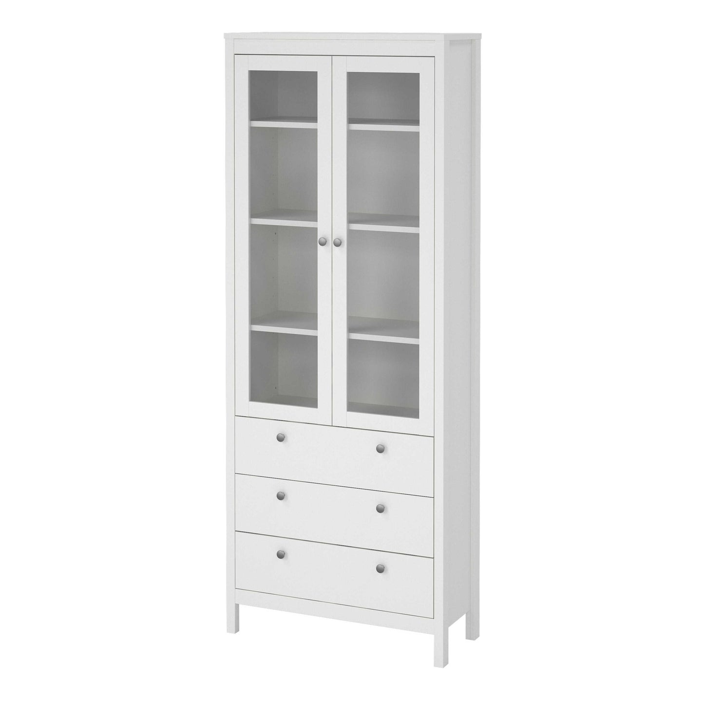 Gossmere White Wooden China Cabinet 2 Glass Doors 3 Drawers Silver Handles